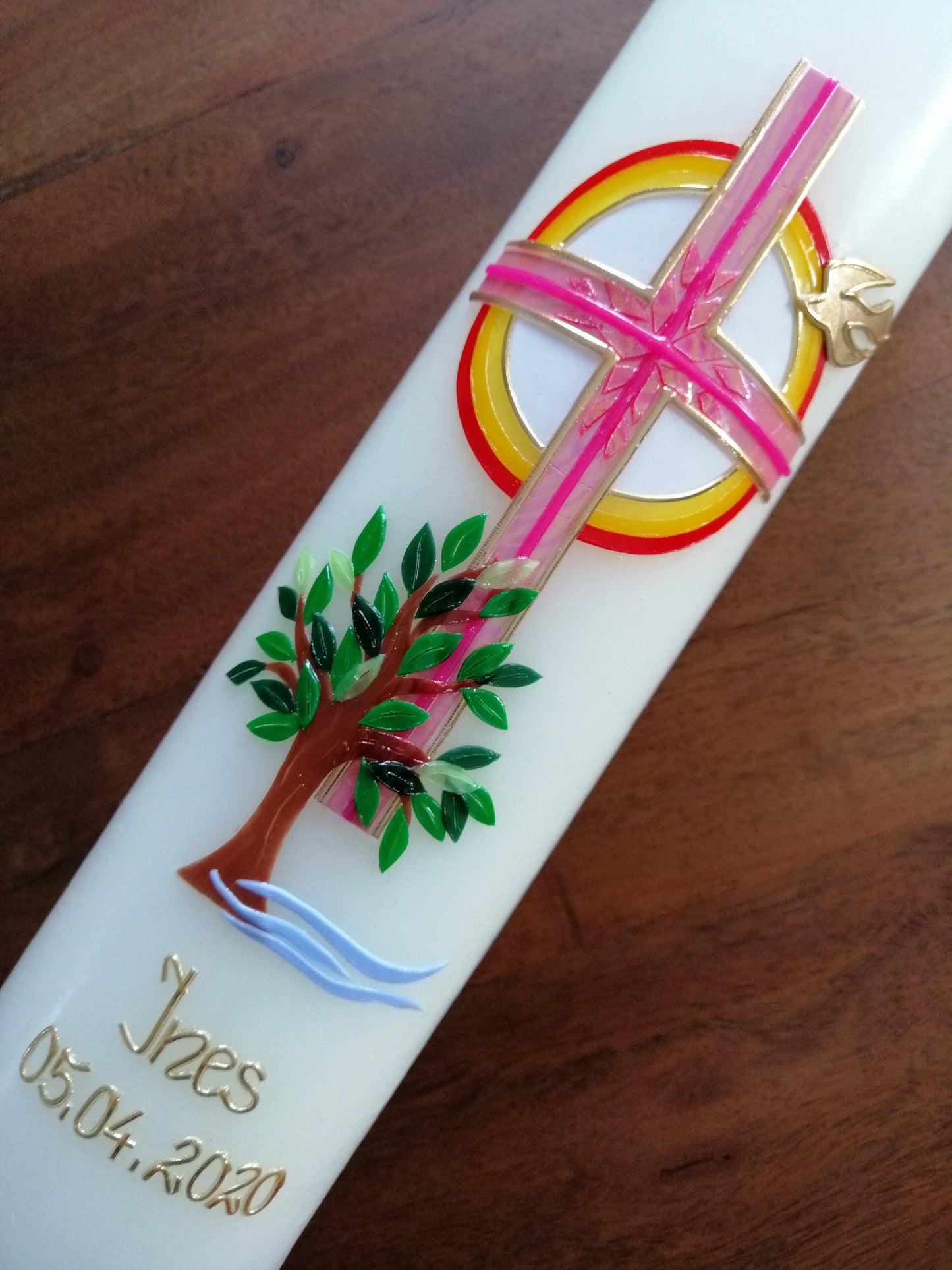 Kommunionkerze "Du gehst mit" Taufkerze Mädchen Jungen Lebensbaum Kreuz Taube Wasser