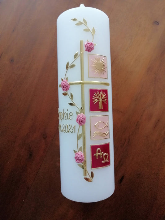 Taufkerze Mädchen- Kreuz - Sonne - Fisch - Junge - Taufe - Handarbeit - keine Folie - inkl. Wachsbeschriftung