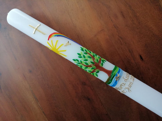 Taufkerze Kommunionkerze Lebensbaum Baum Mädchen Junge Handarbeit keine Folie inkl. Wachsbeschriftung Namensgebung freie Taufe