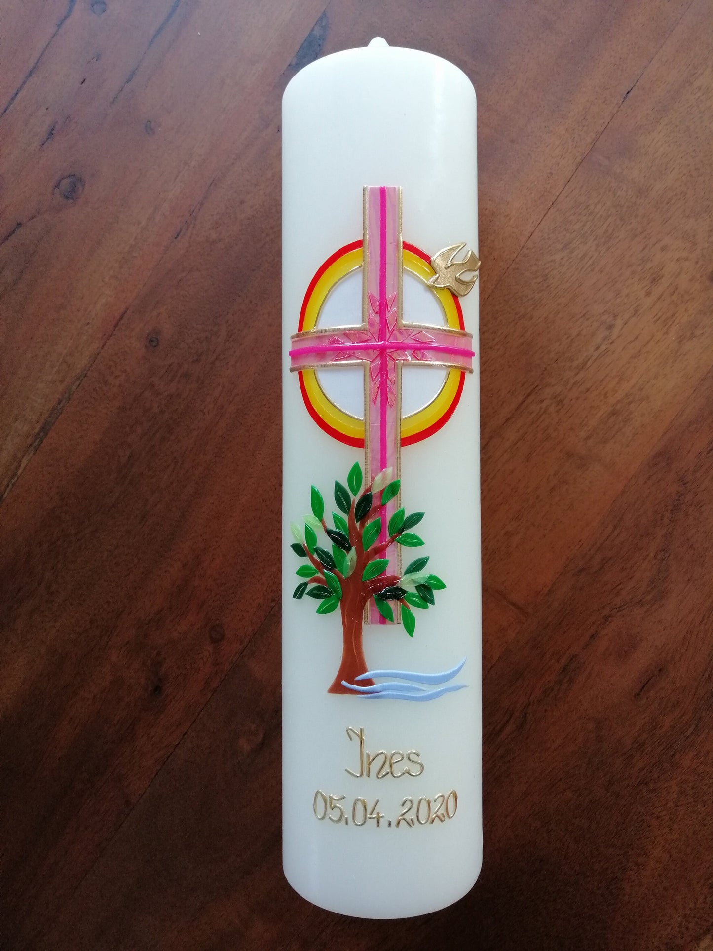 Kommunionkerze "Du gehst mit" Taufkerze Mädchen Jungen Lebensbaum Kreuz Taube Wasser