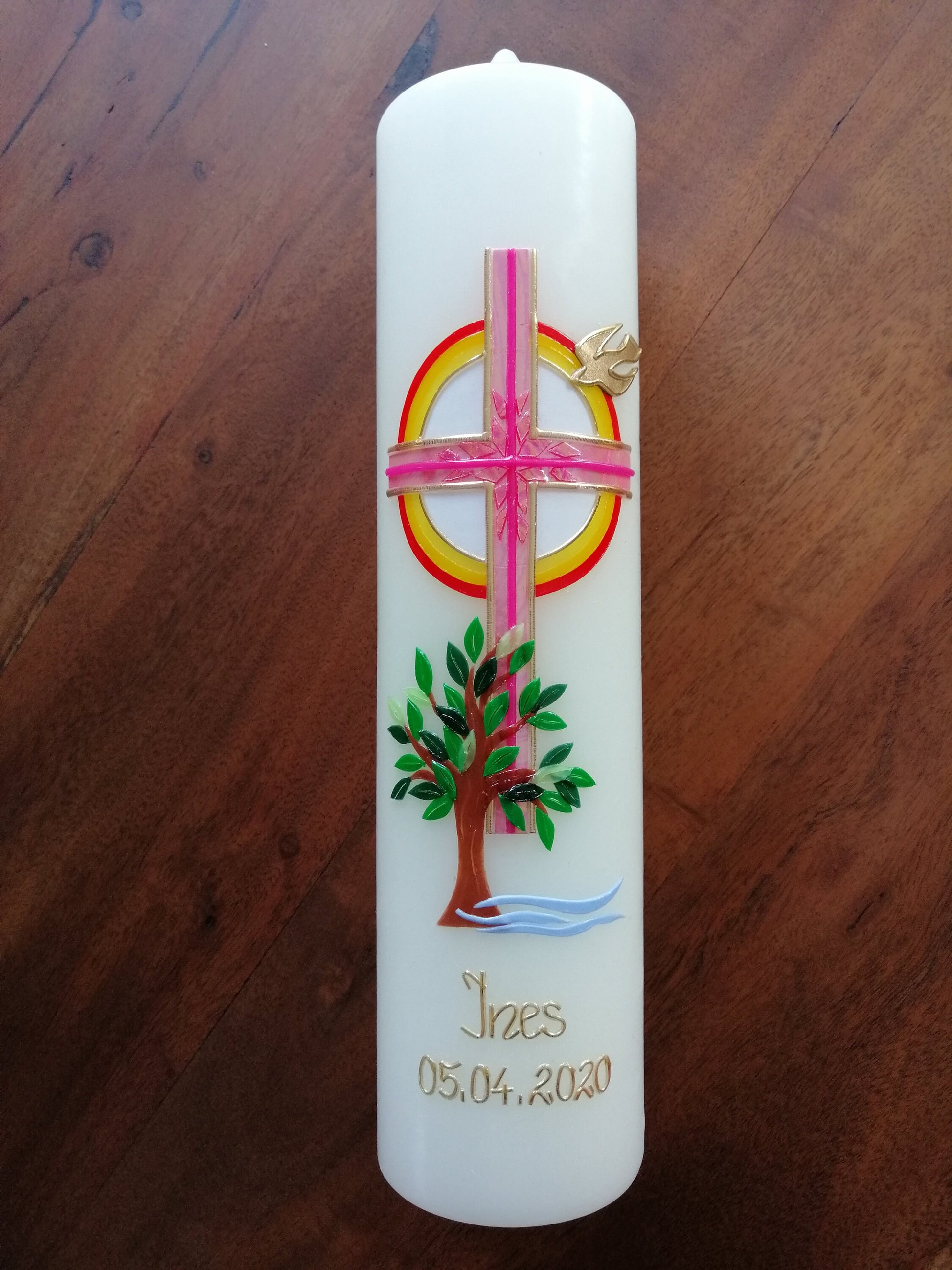 Kommunionkerze "Du gehst mit" Taufkerze Mädchen Jungen Lebensbaum Kreuz Taube Wasser