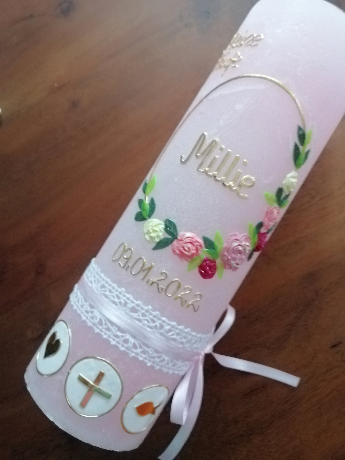 Kerze RUSTICA, Taufkerze Blumen floral, Mädchen, Love, Kranz, keine Folie, Wachsbeschriftung, Farbwünsche möglich