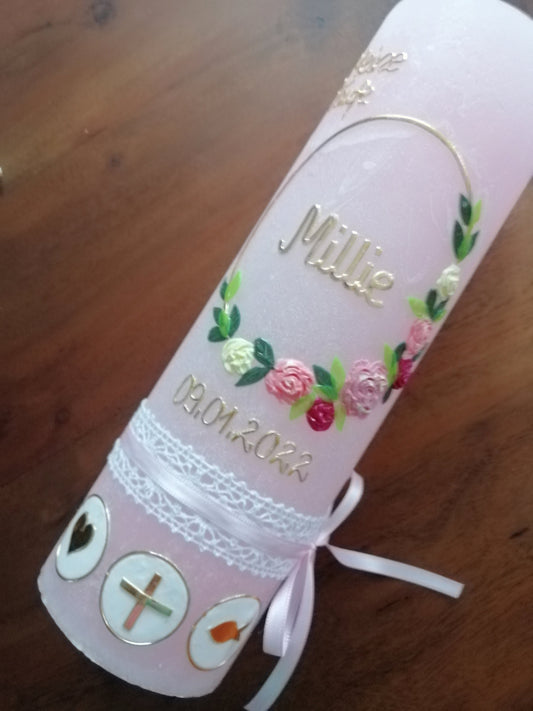 Kerze RUSTICA, Taufkerze Blumen floral, Mädchen, Love, Kranz, keine Folie, Wachsbeschriftung, Farbwünsche möglich