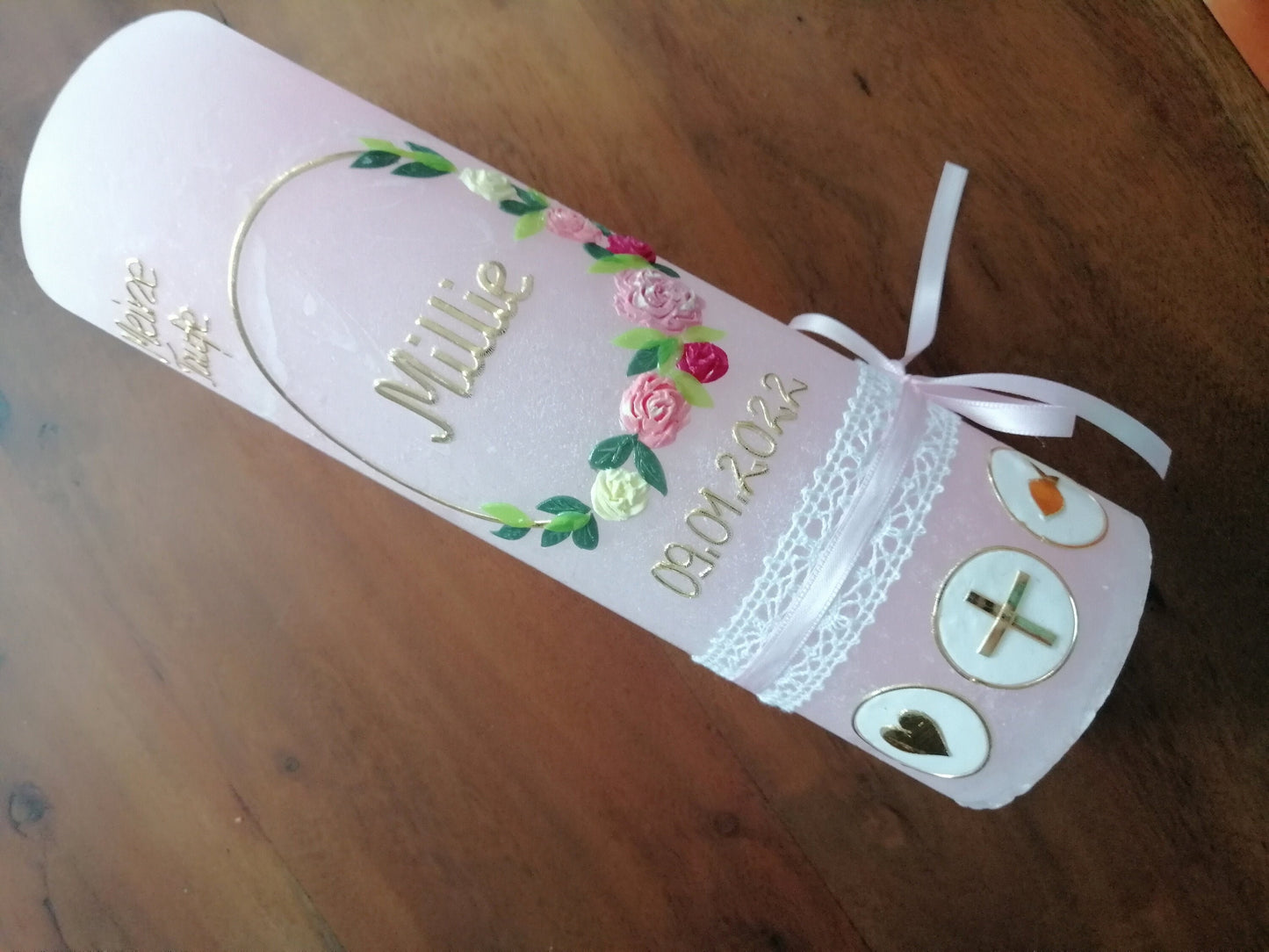 Kerze RUSTICA, Taufkerze Blumen floral, Mädchen, Love, Kranz, keine Folie, Wachsbeschriftung, Farbwünsche möglich