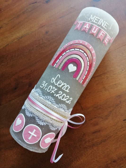 Taufkerze Rustica Vintage-Look Shabby Rustikal, Regenbogen Kreuz Herz Fisch Mädchen rosa Farbwünsche auch für Jungen, Kerzenteller