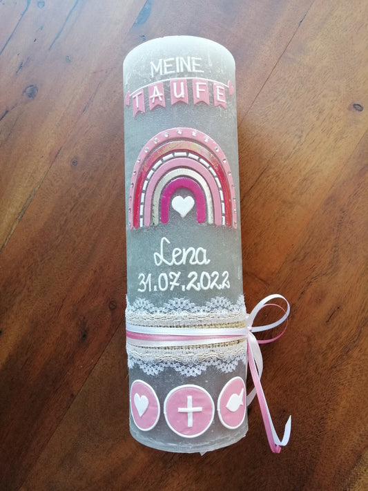 Taufkerze Rustica Vintage-Look Shabby Rustikal, Regenbogen Kreuz Herz Fisch Mädchen rosa Farbwünsche auch für Jungen, Kerzenteller