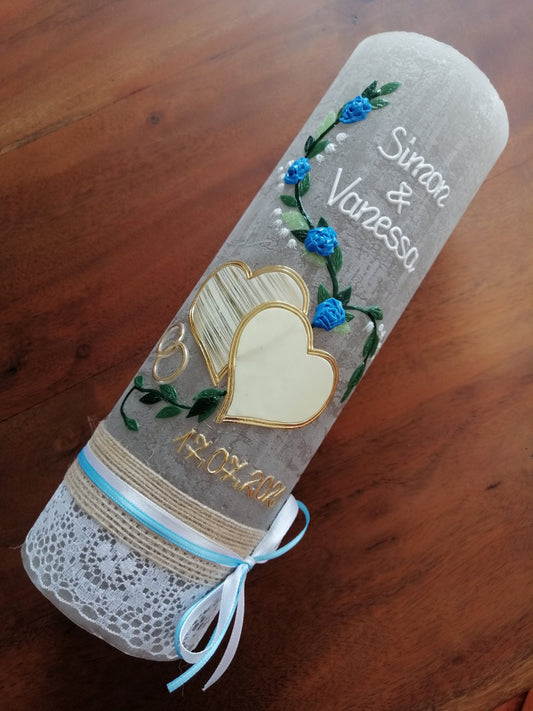 Hochzeitskerze Rustikal Rustica, Vintage-Look, Shabby, Hochzeitkerze, Brautkerze, Liebende Herzen, inkl Wachsbeschriftung
