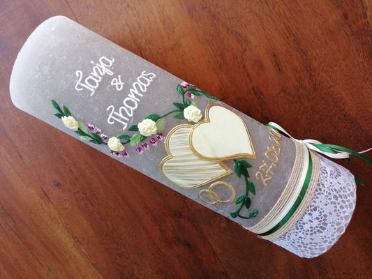Hochzeitskerze Rustikal Rustica, Vintage-Look, Shabby, Hochzeitkerze, Brautkerze, Liebende Herzen, inkl Wachsbeschriftung