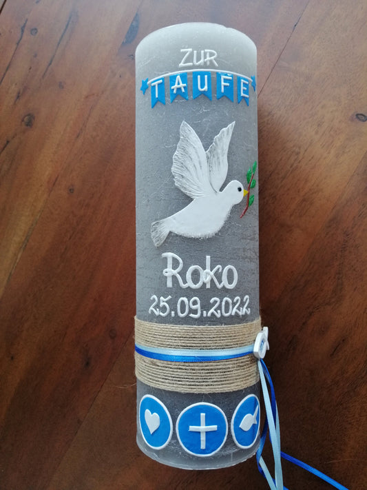RUSTICA, VINTAGE-Look, SHABBY, Rustikal, Taufkerze, Friedenstaube, Taube, Mädchen, Junge, blau, Wachsbeschriftung, Farbwünsche möglich