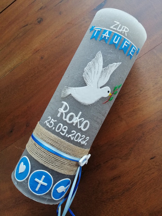 RUSTICA, VINTAGE-Look, SHABBY, Rustikal, Taufkerze, Friedenstaube, Taube, Mädchen, Junge, blau, Wachsbeschriftung, Farbwünsche möglich