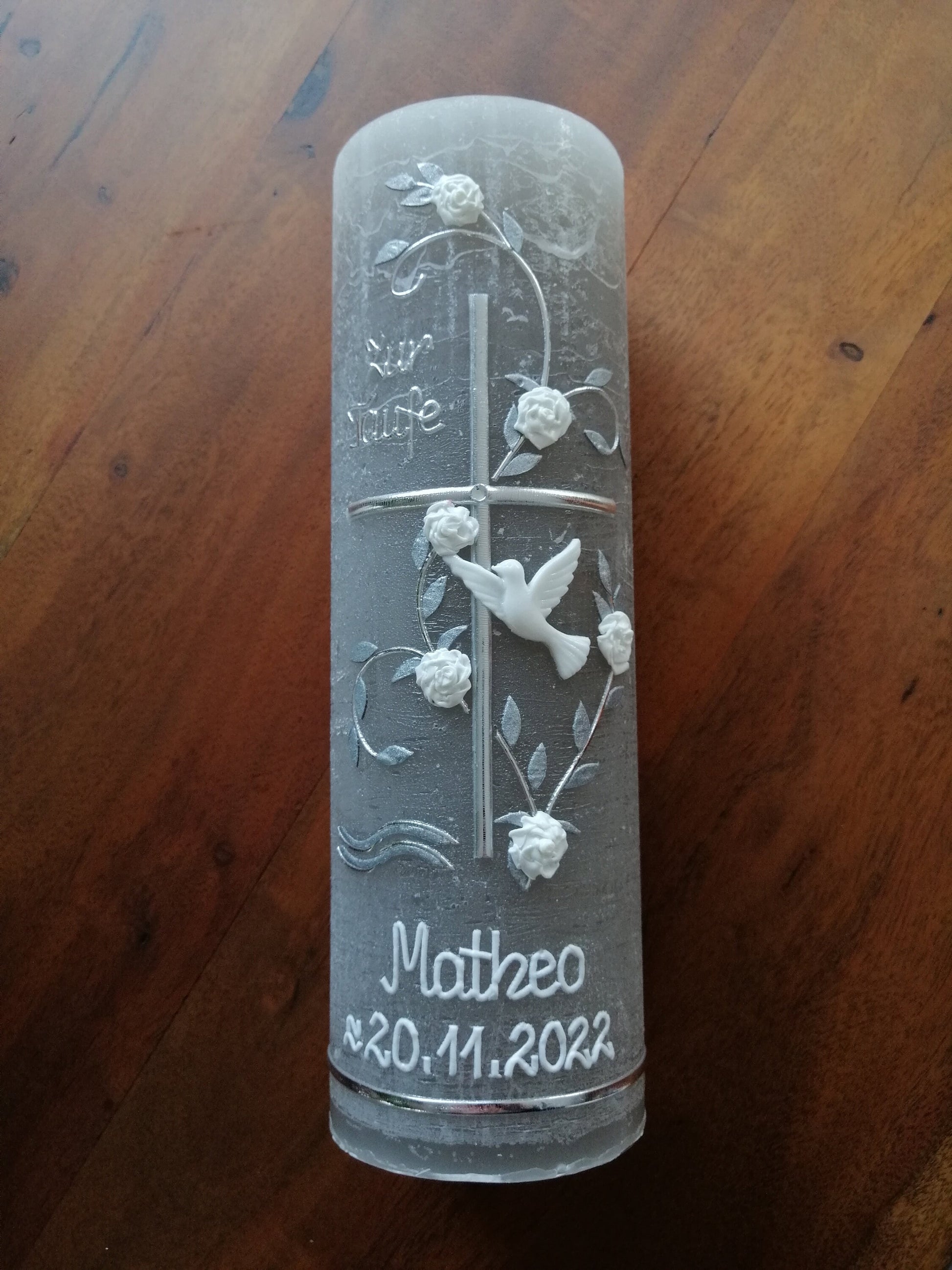 Taufkerze Rustikal - Kreuz - Mädchen - Junge - Kerze - Taufe - Handarbeit - keine Folie - inkl. Wachsbeschriftung