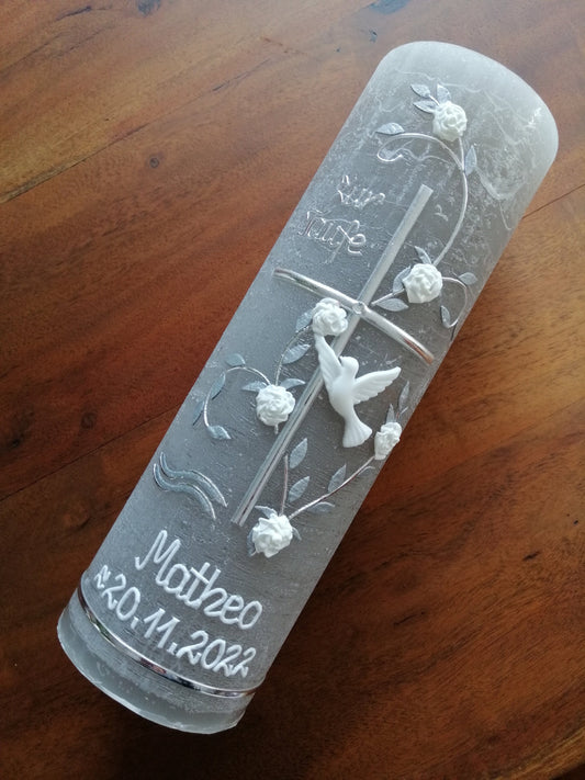 Taufkerze Rustikal - Kreuz - Mädchen - Junge - Kerze - Taufe - Handarbeit - keine Folie - inkl. Wachsbeschriftung