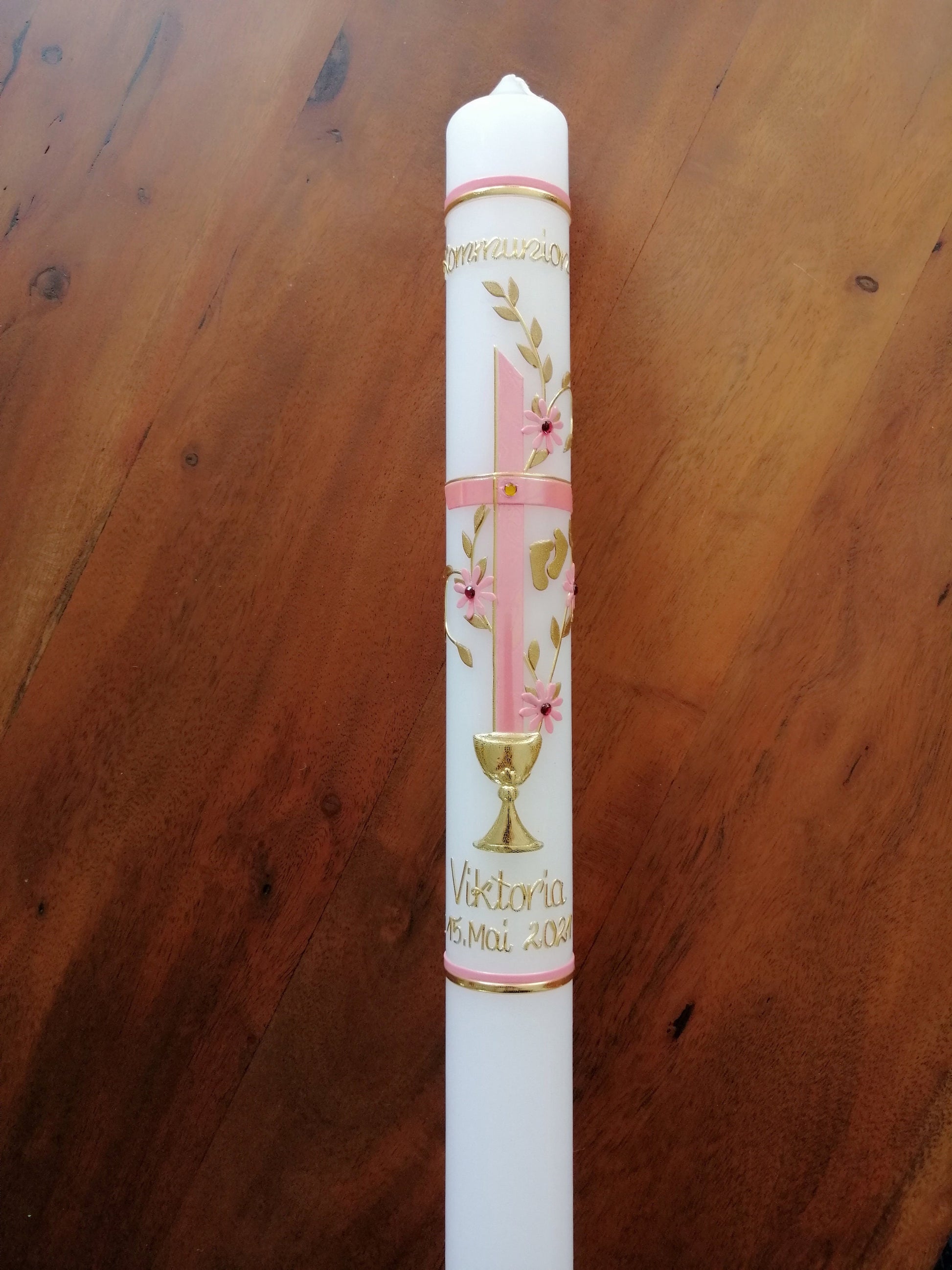 Kreuz Kommunionkerze Mädchen Blumenranke Taube Kelch klassisch Farbwünsche auch für Jungen oder zur Taufe möglich Kommunionskerze