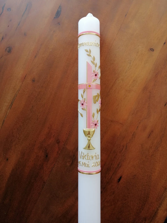 Kreuz Kommunionkerze Mädchen Blumenranke Taube Kelch klassisch Farbwünsche auch für Jungen oder zur Taufe möglich Kommunionskerze