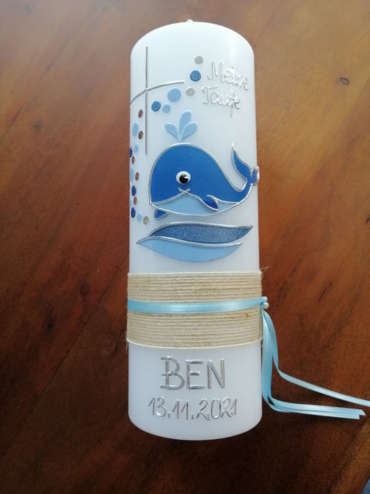 Taufkerze Wal Fisch Jungen Kreuz blau Wasser Mädchen Farbwünsche möglich Kommunionkerze Kommunionskerze Wachsverzierungen Wachsbeschriftung