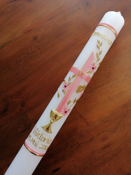 Kreuz Kommunionkerze Mädchen Blumenranke Taube Kelch klassisch Farbwünsche auch für Jungen oder zur Taufe möglich Kommunionskerze