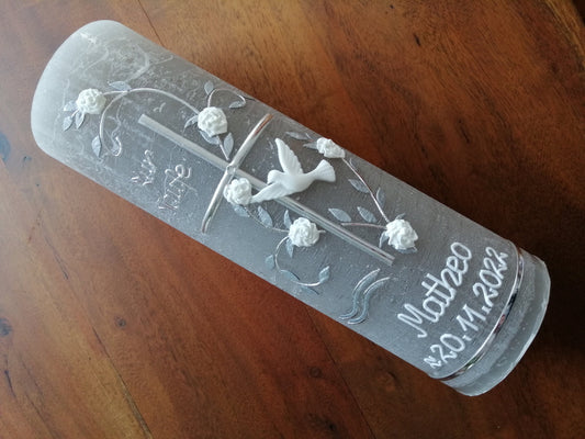RUSTICA Taufkerze, Kreuz, Ranke, Mädchen, Kerze, keine Folie, Wachsbeschriftung, Farbwünsche möglich