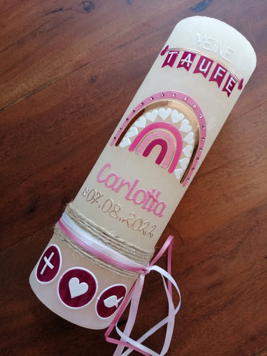 Taufkerze Rustica Vintage-Look Shabby Rustikal, Regenbogen Kreuz Herz Fisch creme Farbwünsche, Mädchen inkl Wachsbeschriftung