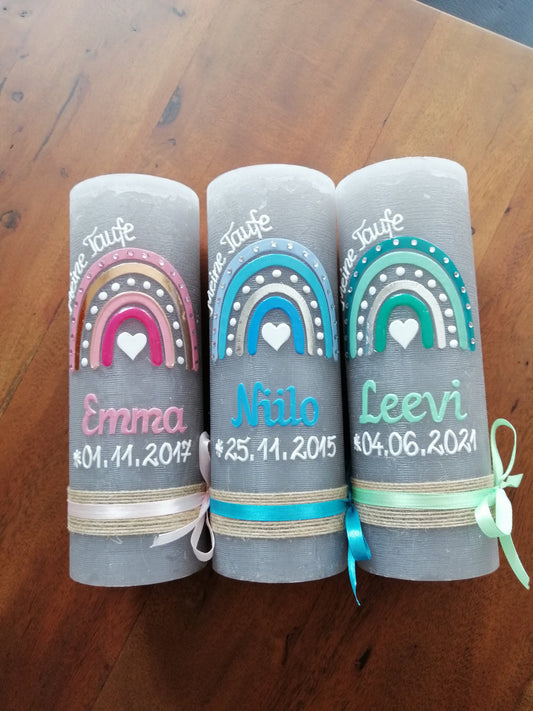 Taufkerze Rustica Vintage-Look Shabby Rustikal, Regenbogen Mädchen Jungen blau, rosa oder grün Farbe nach Wahl inkl Wachsbeschriftung