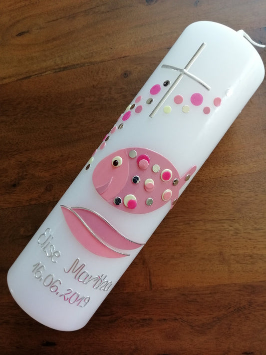 Taufkerze Fisch Bubble Dots - Das ORIGINAL, Taufkerze Mädchen, Taufkerze Mädchen, Wachs, handgemacht, weiß, Made in Germany