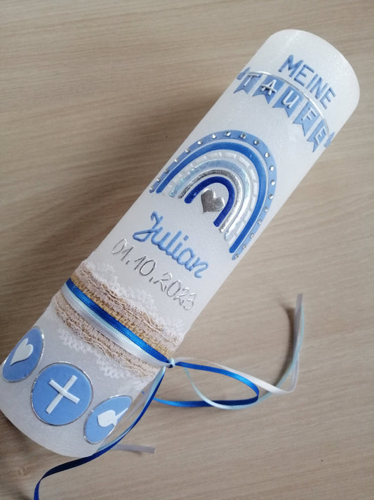 Taufkerze Regenbogen Kreuz Herz Fisch Junge blau