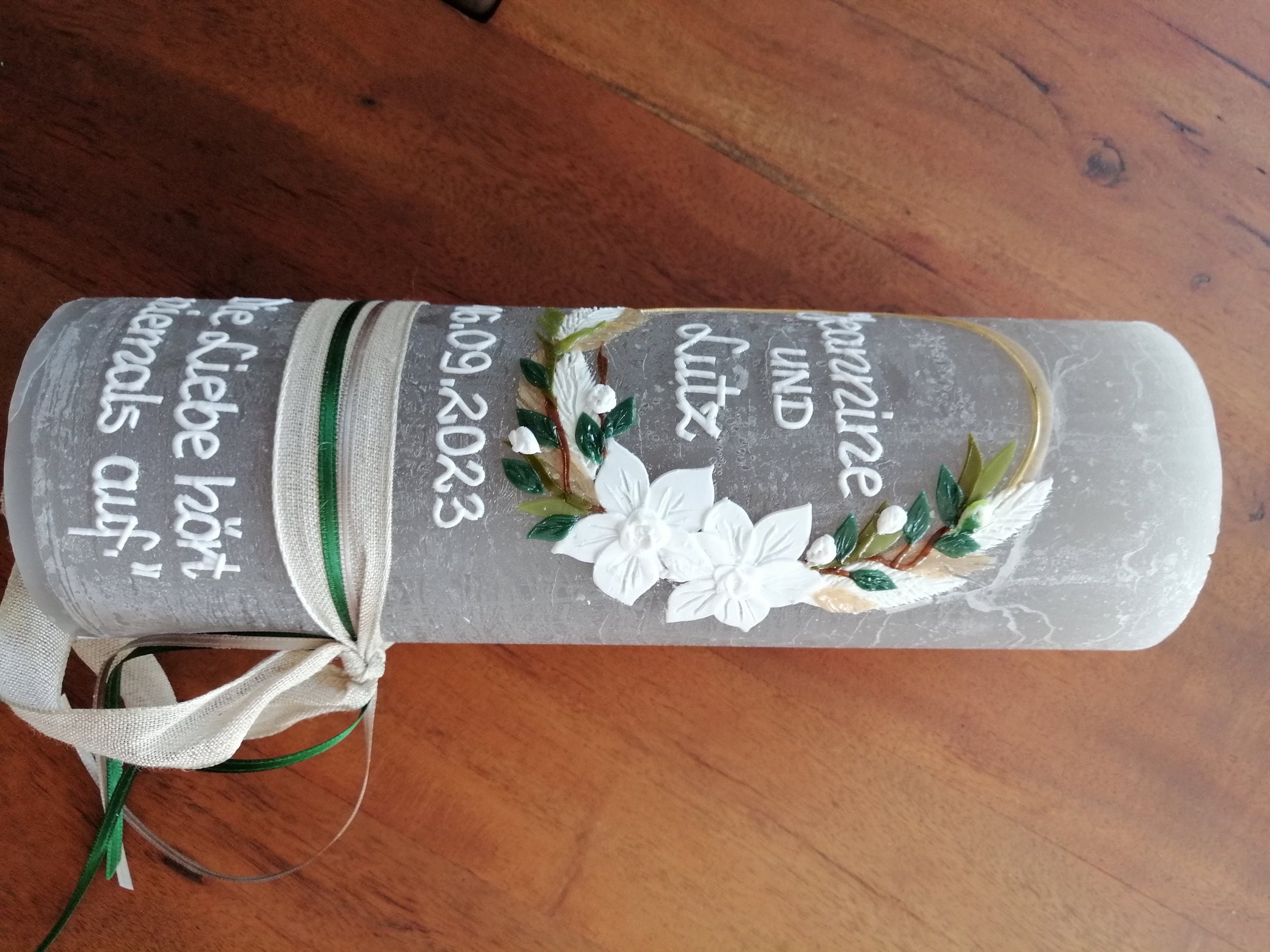 Hochzeitskerze RUSTICA, VINTAGE-Look, SHABBY, Rustikal, Hochzeitkerze, Brautkerze Flora, inkl Wachsbeschriftung