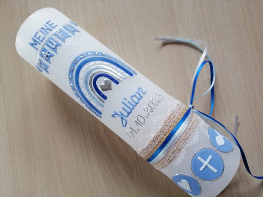 Taufkerze Regenbogen Kreuz Herz Fisch Junge blau