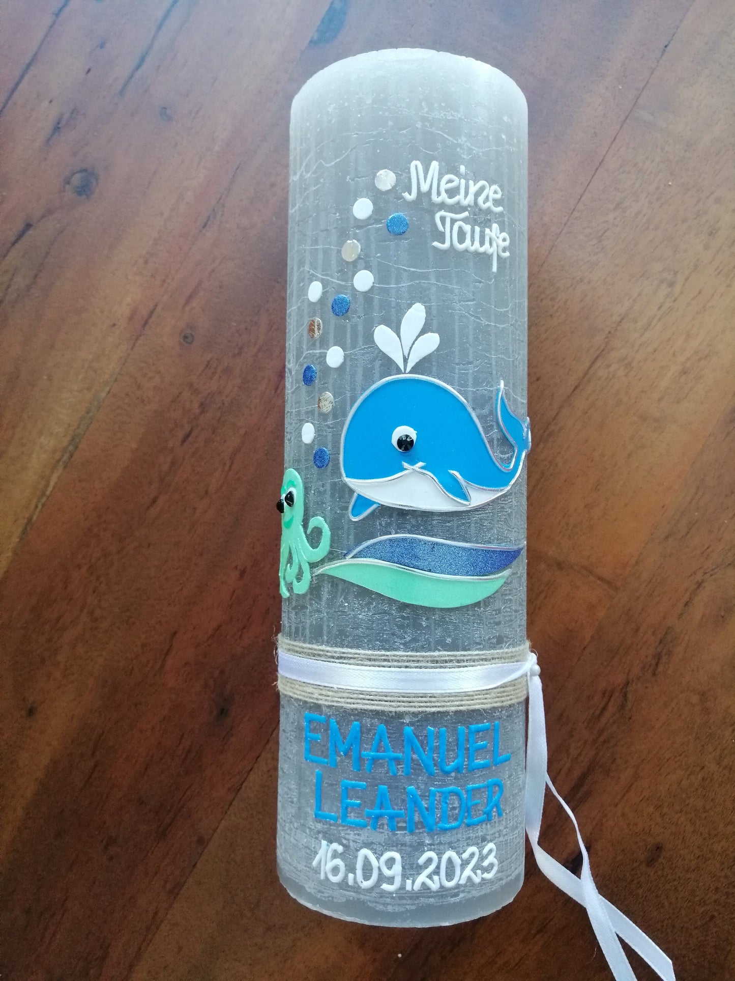 RUSTICA, VINTAGE-Look, SHABBY, Rustikal, Taufkerze, Wal, Fisch Mädchen, Junge, Kerze, keine Folie, Wachsbeschriftung, Farbwünsche möglich