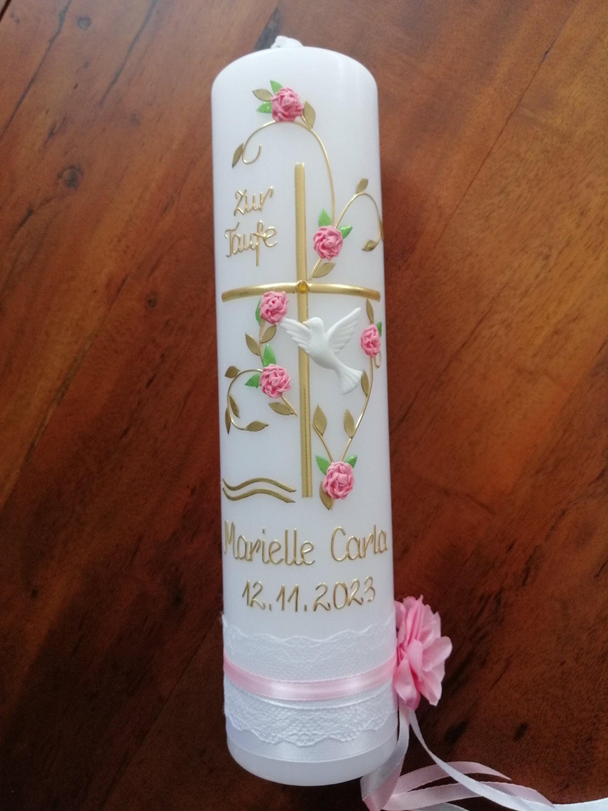 Taufkerze Mädchen rosa Kommunionkerze