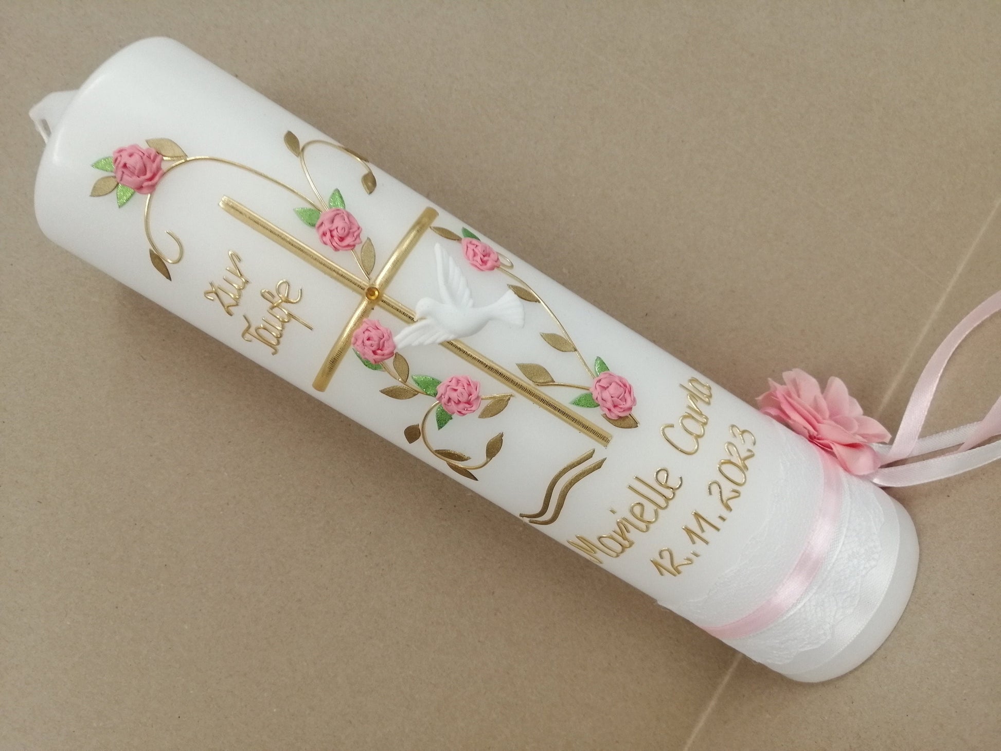 Taufkerze Mädchen rosa Kommunionkerze