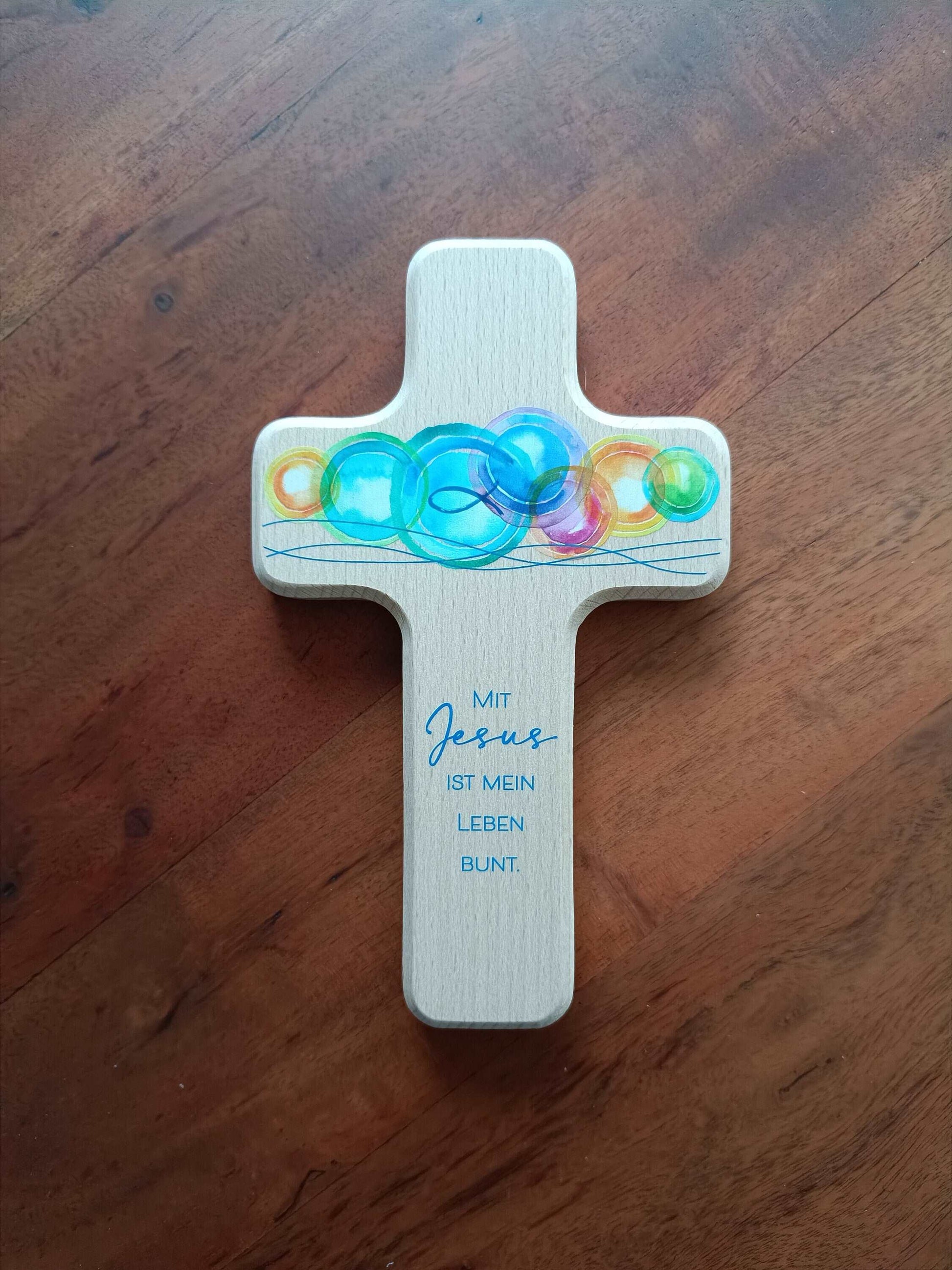 Kinderholzkreuz, Kreuz Holz, Taufe Geschenke - mit Jesus ist mein Leben bunt