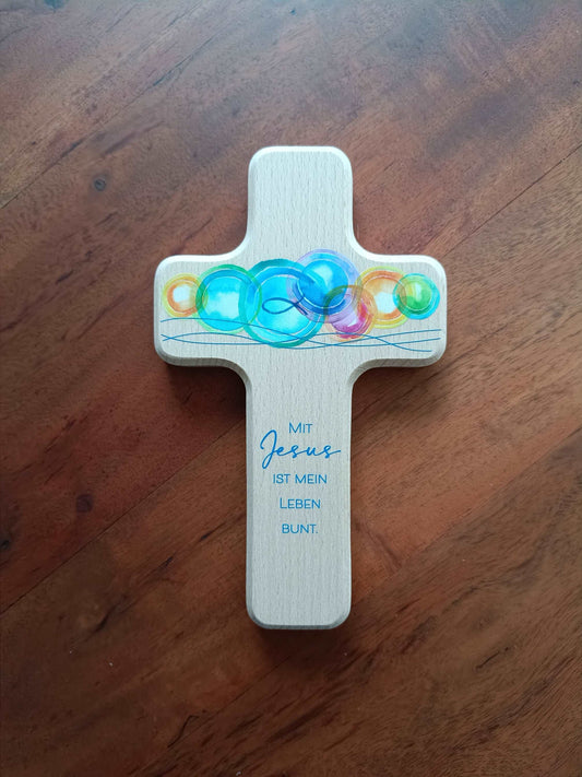 Kinderholzkreuz, Kreuz Holz, Taufe Geschenke - mit Jesus ist mein Leben bunt