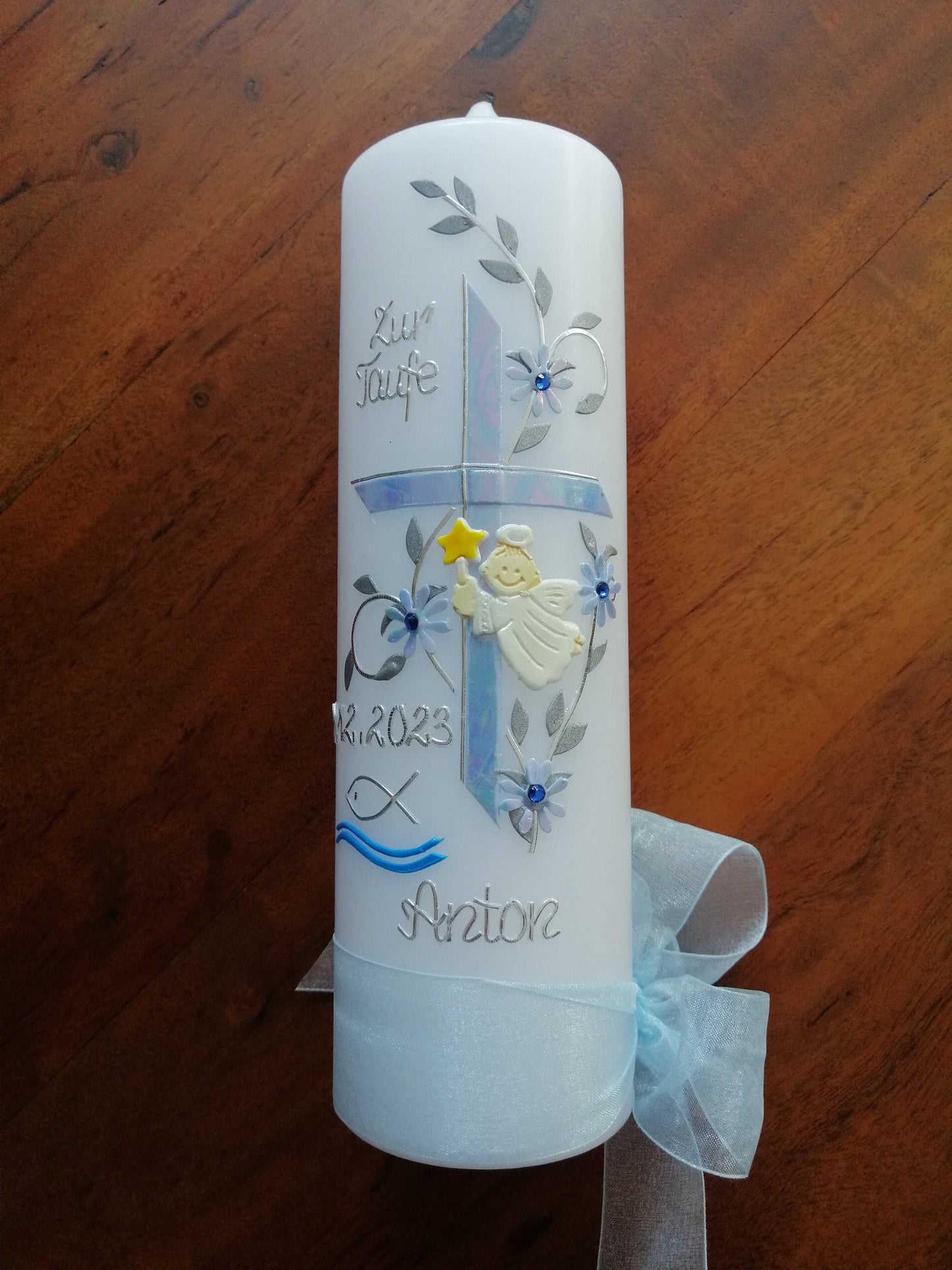 Taufkerze Kommunionkerze Kreuz Junge Kerze Taufe Handarbeit - keine Folie - inkl. Wachsbeschriftung