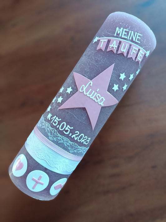 Taufkerze Mädchen, Rustikal, Stern, Wimpel, Junge, Kerze, Taufe, keine Folie, inkl Wachsbeschriftung
