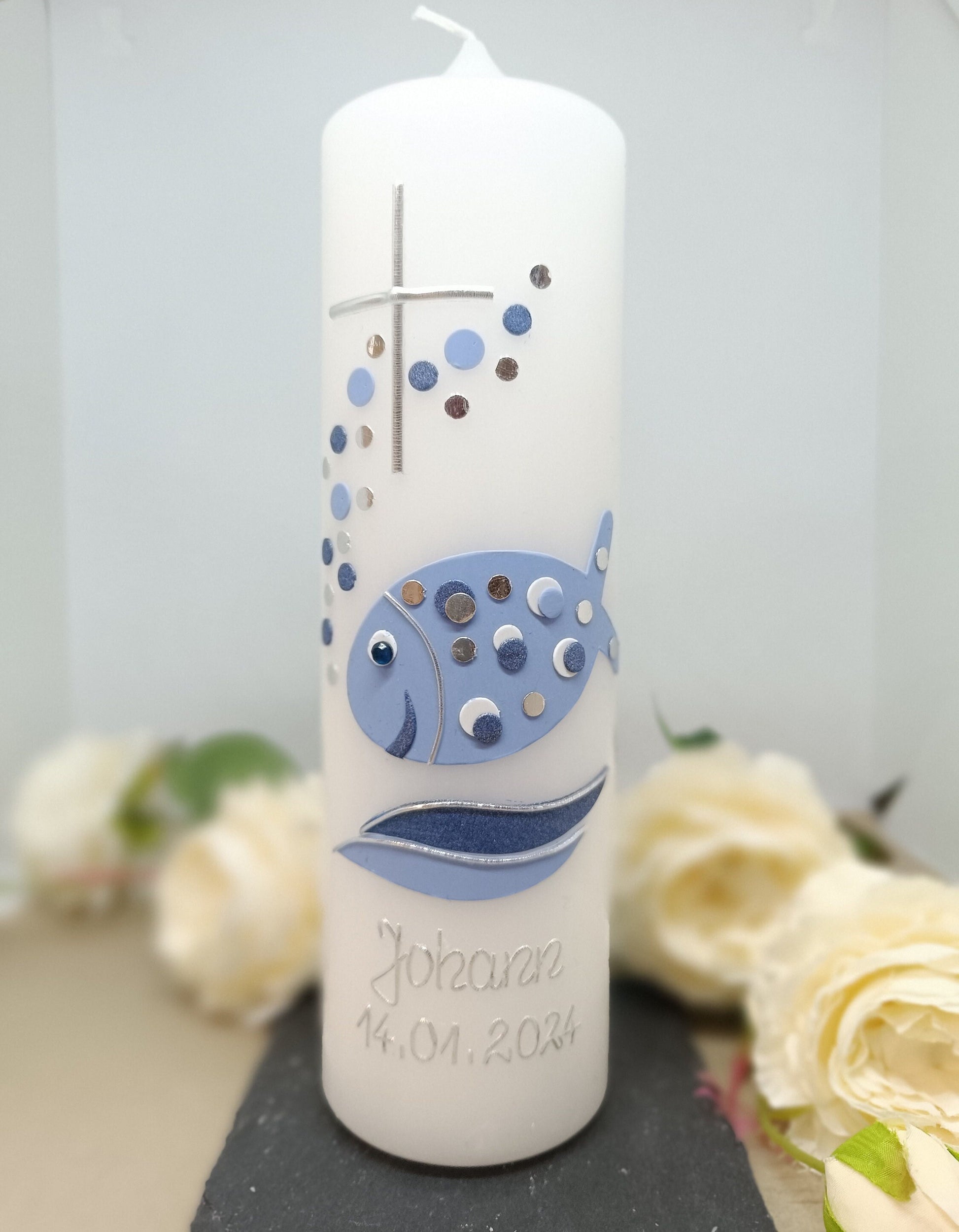 Taufkerze Junge bubble Fisch inkl. Taufspruch, made in germany
