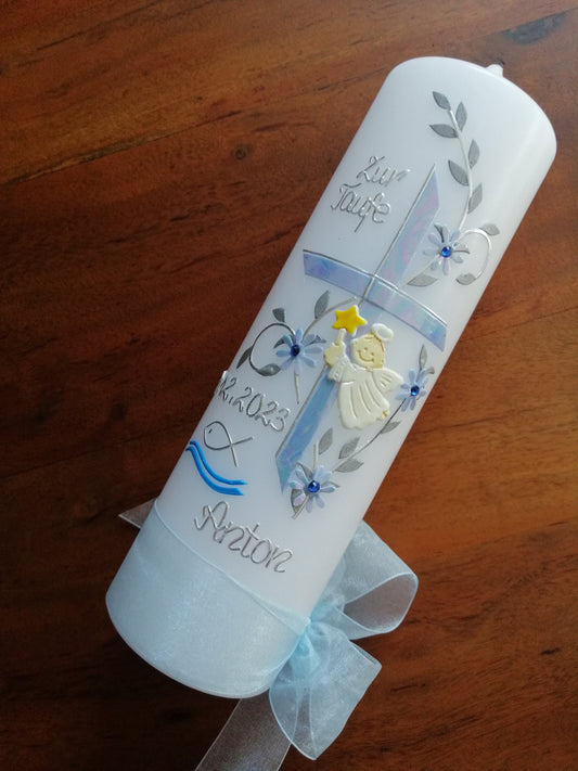 Taufkerze - Kreuz - Mädchen - Junge - Kerze - Taufe - Handarbeit - keine Folie - inkl. Wachsbeschriftung