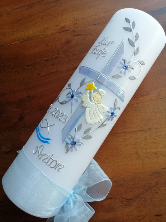 Taufkerze Kommunionkerze Kreuz Junge Kerze Taufe Handarbeit - keine Folie - inkl. Wachsbeschriftung