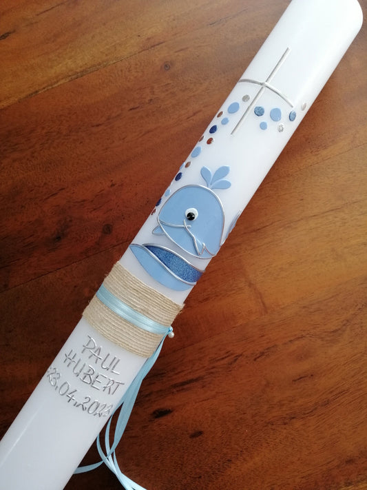 Taufkerze Wal Fisch Jungen Kreuz blau Wasser Mädchen Farbwünsche möglich Kommunionkerze Kommunionskerze Wachsverzierungen Wachsbeschriftung