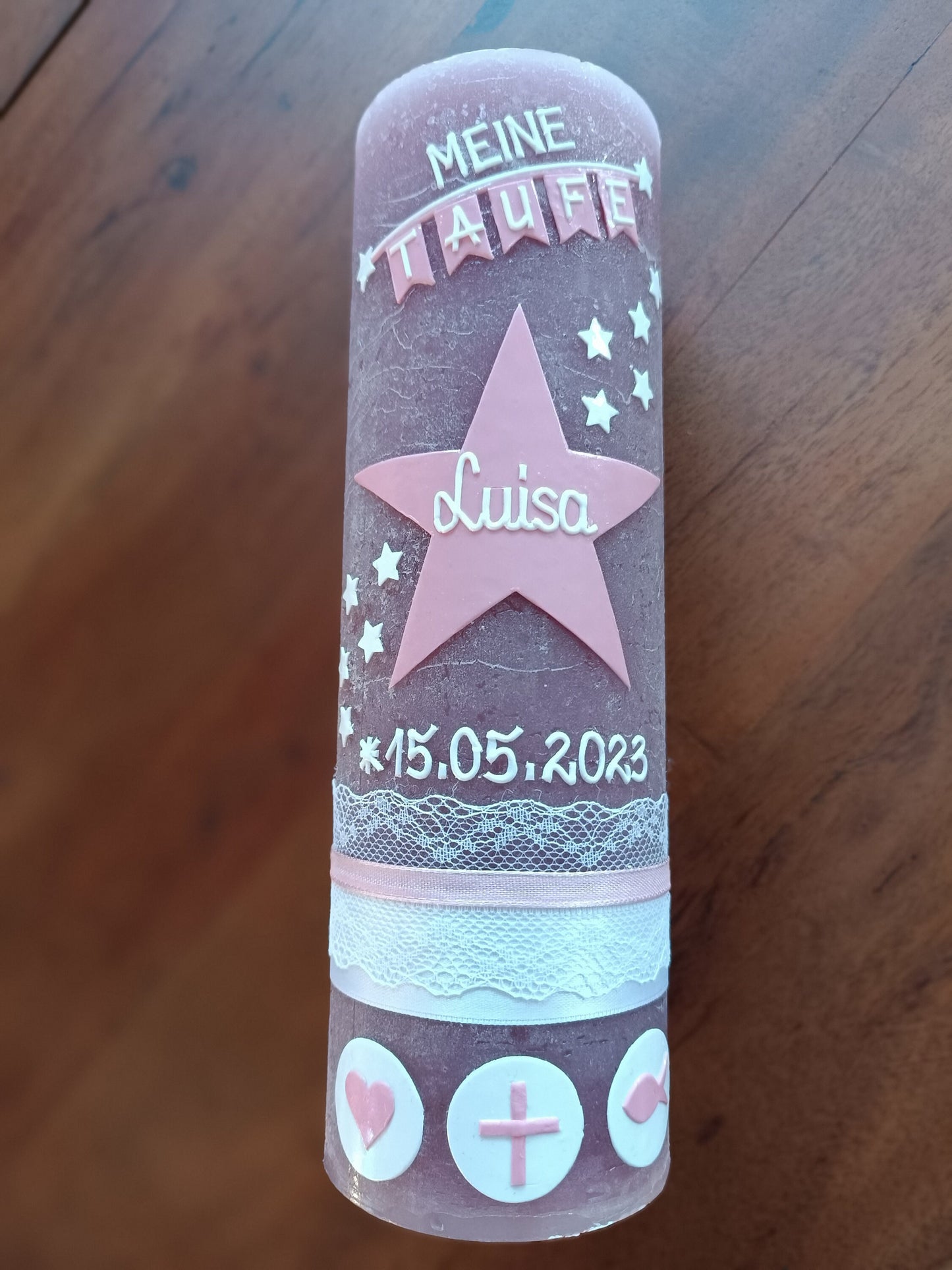 Taufkerze Mädchen, Rustikal, Stern, Wimpel, Junge, Kerze, Taufe, keine Folie, inkl Wachsbeschriftung
