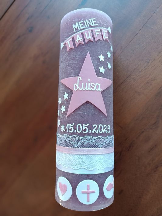 Taufkerze Mädchen, Rustikal, Stern, Wimpel, Junge, Kerze, Taufe, keine Folie, inkl Wachsbeschriftung