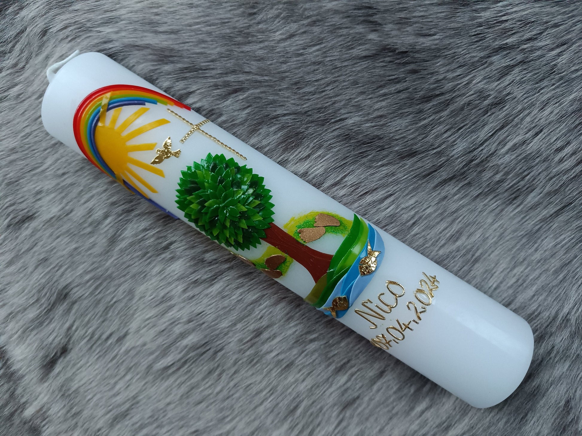 Kommunionkerze "Du gehst mit" Taufkerze, Lebensbaum, Mädchen, Jungen, Kreuz, Sonne, Regenbogen,