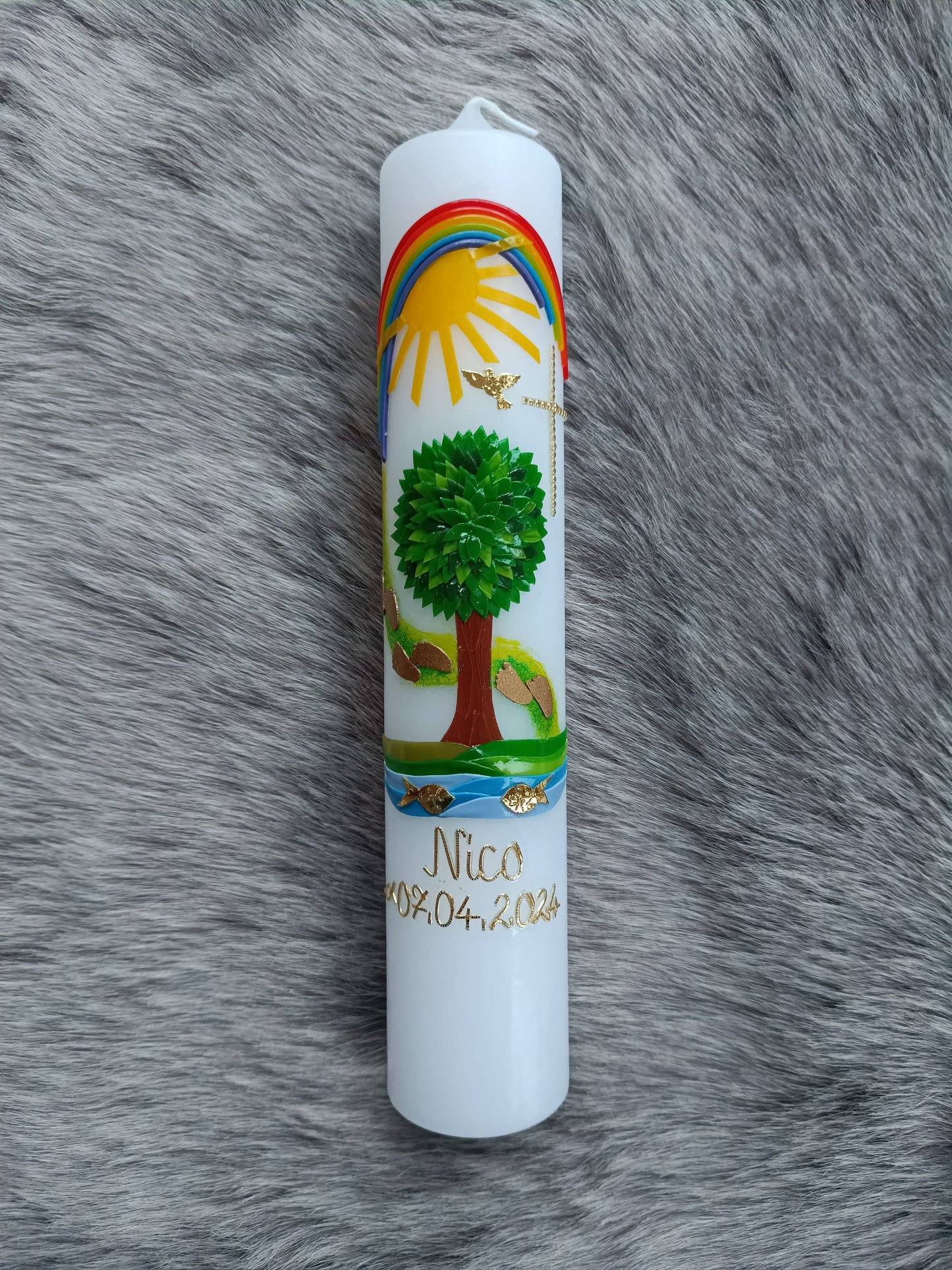 Kommunionkerze "Du gehst mit" Taufkerze, Lebensbaum, Mädchen, Jungen, Kreuz, Sonne, Regenbogen,