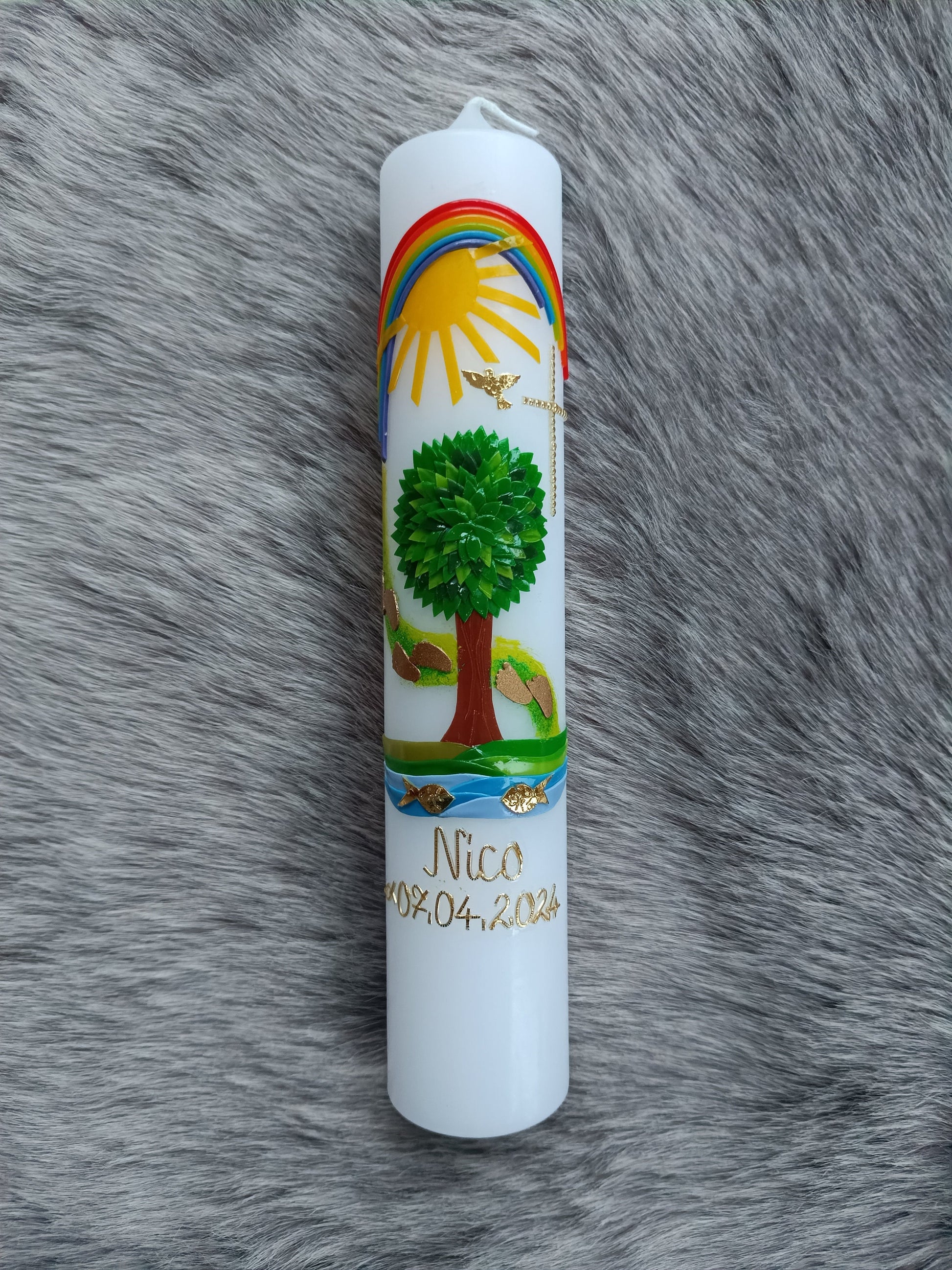 Kommunionkerze "Du gehst mit" Taufkerze, Lebensbaum, Mädchen, Jungen, Kreuz, Sonne, Regenbogen,
