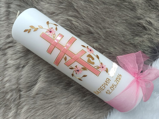 Taufkerze Russischorthodoxes-Kreuz, kyrillisches Kreuz, Russian Orthodox Cross,Ranke, inkl. Beschriftung, Maedchen, Jungen, Farbwünsche