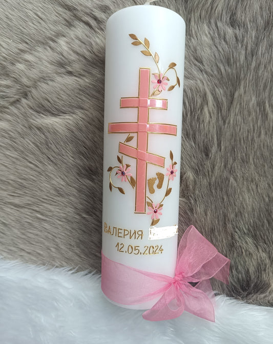 Taufkerze Russischorthodoxes-Kreuz, kyrillisches Kreuz, Russian Orthodox Cross,Ranke, inkl. Beschriftung, Maedchen, Jungen, Farbwünsche