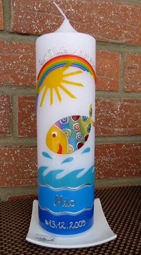TAUFKERZE, bunter Fisch, Sonne, Regenbogen, inkl. Beschriftungen, Farbwünsche möglich, Mädchen, Jungen, katholische. evangelische Taufe