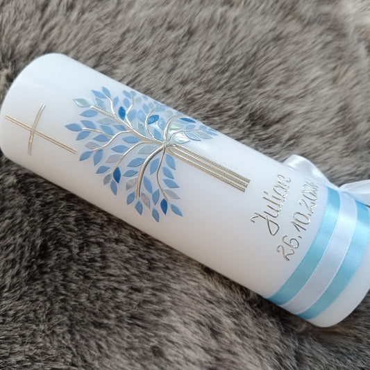 Taufkerze Lebensbaum Jungen Mädchen, Kreuz, blau