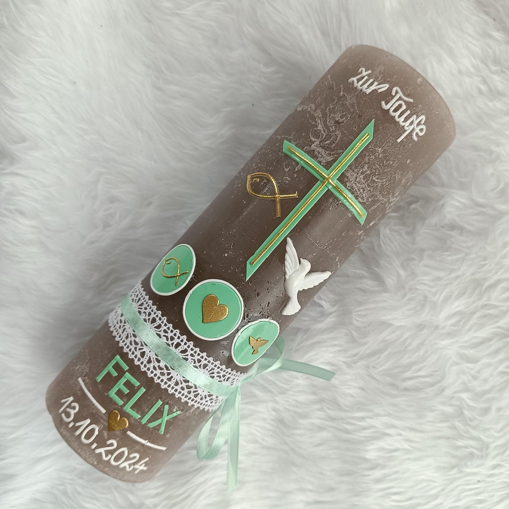 RUSTIKA Taufkerze, Kreuz, Mädchen, Junge, Kerze, Taufe, keine Folie, inkl Wachsbeschriftung