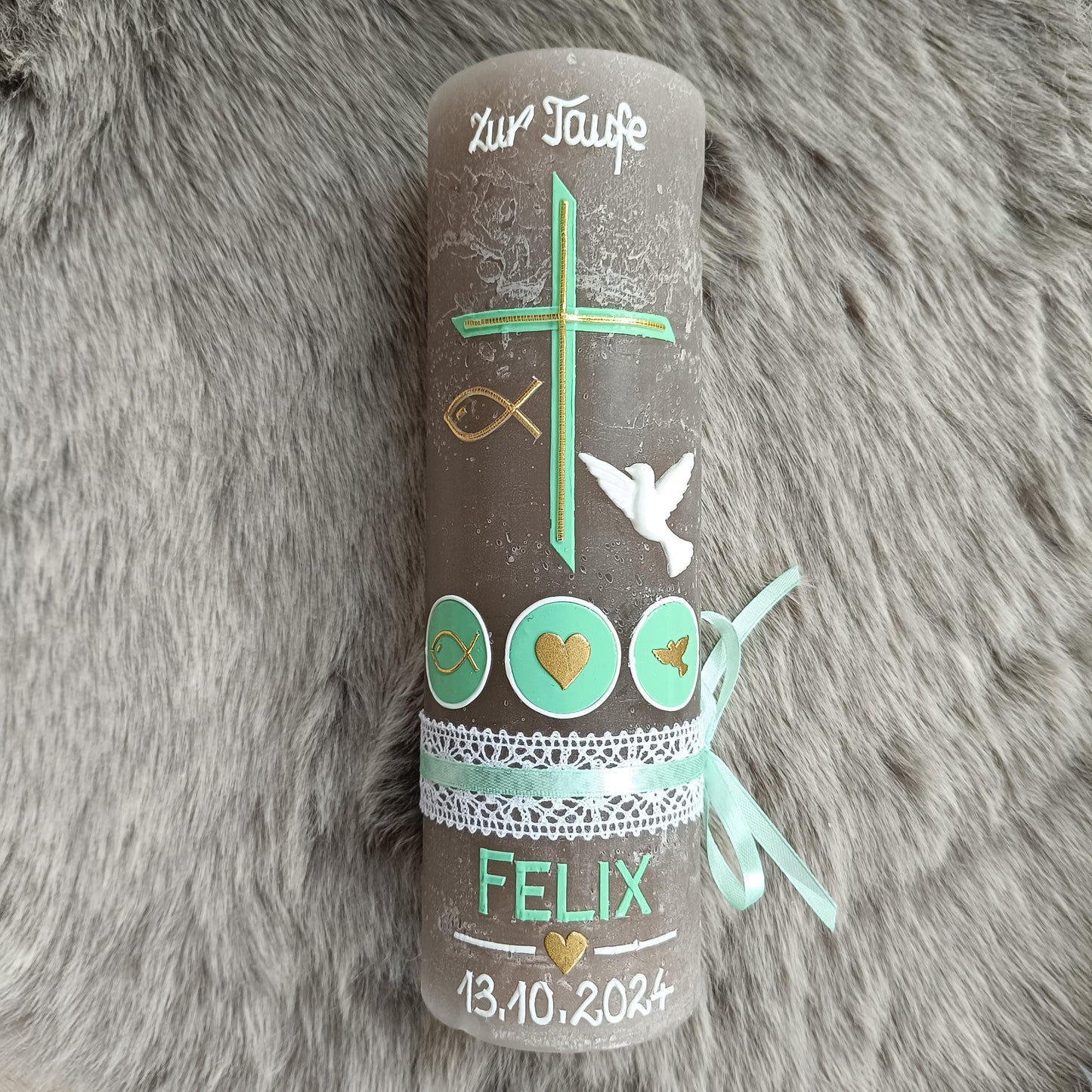 RUSTIKA Taufkerze, Kreuz, Mädchen, Junge, Kerze, Taufe, keine Folie, inkl Wachsbeschriftung