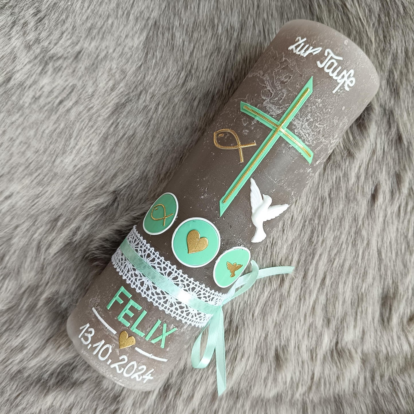 RUSTIKA Taufkerze, Kreuz, Mädchen, Junge, Kerze, Taufe, keine Folie, inkl Wachsbeschriftung